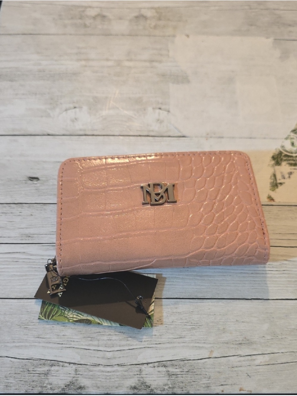 Badgley Mischka Blush Croc-Embossed Zip Wallet